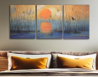 Huge 3 Piece Serene Lake Painting Wall Art ORIGINAL Canvas Landscape Tranquil Sunset Calming Hand Painted Home Decor Golden Sunset on Water