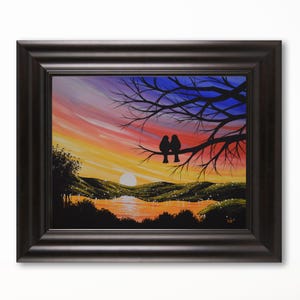 Lovebirds at Sunset Painting / Fine Art Contemporary birds on branch by the lake Wall decor, Amy Giacomelli 16 x 20 Unique Wall Art