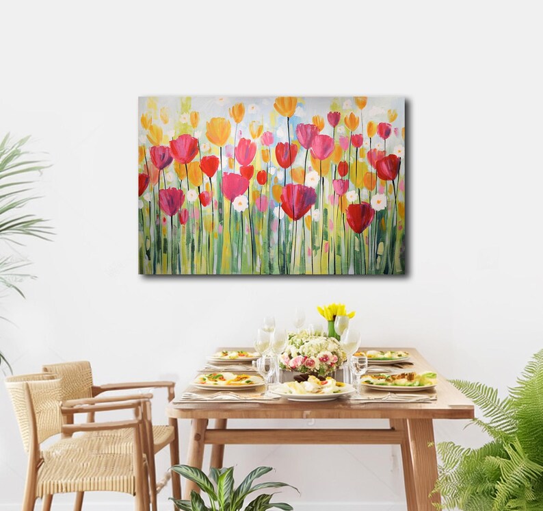 Original Tulip Painting on Canvas Colorful Garden Wall Art Modern Floral Painting Joyful Flowers Hand Painted Artwork Home Office Decor immagine 3