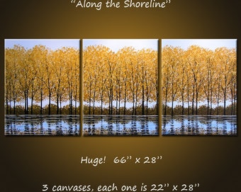 Extra Large Wall Art Original Painting Landscape Golden Yellow Trees Autumn  - 66" x 28", ready to hang, "Along the Shoreline"