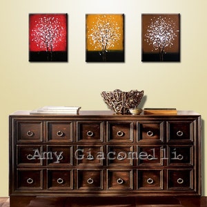 Art Paintings Triptych Large Abstract Contemporary Landscape Trees .. yellow red brown white black ...48' ... Sun Prairie, Amy Giacomelli image 2