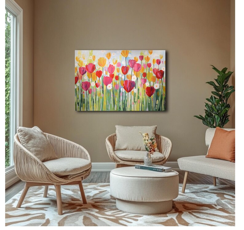 Original Tulip Painting on Canvas Colorful Garden Wall Art Modern Floral Painting Joyful Flowers Hand Painted Artwork Home Office Decor immagine 7
