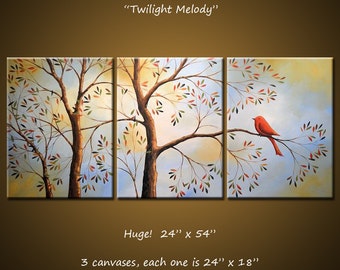 Large Wall Art Painting 54" Triptych Original Modern Birds Trees Landscape ...3 acrylic canvases... "Twilight Melody" Amy Giacomelli