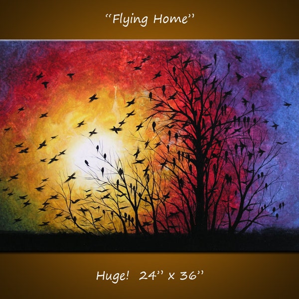 Original Large Abstract Painting Modern Contemporary Landscape Trees ... 24 x 36 ... "Flying Home"