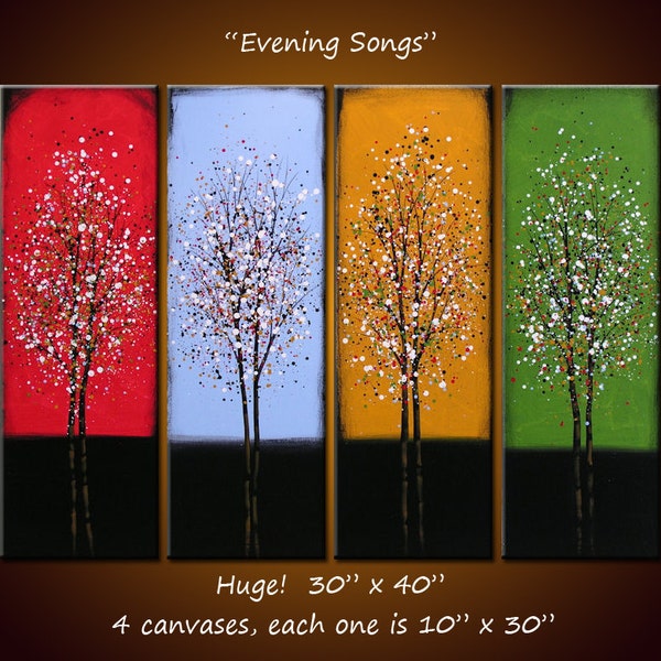 Art 40" across Rainbow Wall Art Landscape Original Large Abstract Painting Trees ...red blue yellow green .... Evening Songs