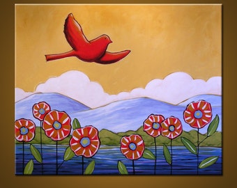 Original wall art painting landscape, flowers and bird...Take to the Sky - 22 x 28, acrylic on canvas, gallery wrapped and ready to hang