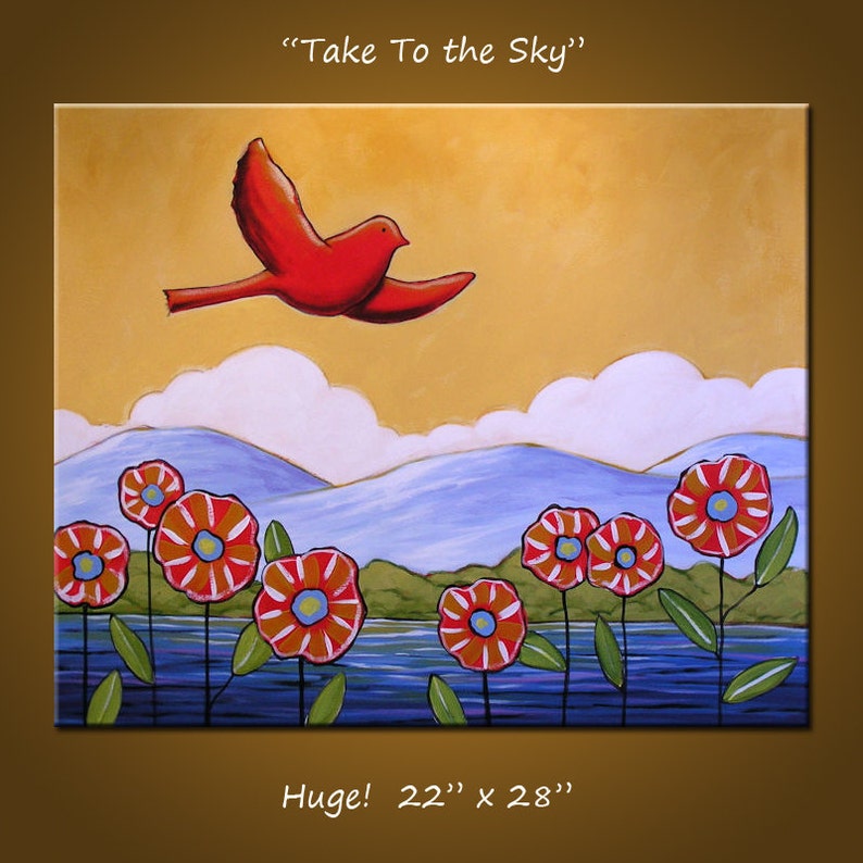 Original wall art painting landscape, flowers and bird...Take to the Sky 22 x 28, acrylic on canvas, gallery wrapped and ready to hang image 1