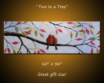 Original Bird Art Painting Modern Contemporary Trees Birds in a tree, 10 x 30 .. Two In a Tree, Great gift size, engagement wedding gift
