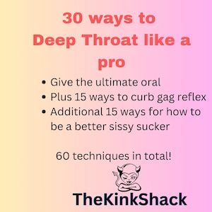 Könnte beinhalten: Grafik mit rotem und schwarzem Text auf einem gelb-rosa Farbverlauf. Der Text lautet "30 Wege zu Deep Throat wie ein Profi" und listet Techniken auf. Das TheKinkShack-Logo befindet sich unten.