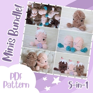 May include: A set of five crochet amigurumi patterns for making miniature ice cream cones. The patterns include a chocolate ice cream cone, a strawberry ice cream cone, a vanilla ice cream cone, a chocolate chip ice cream cone, and a sprinkle ice cream cone. The patterns are available as a PDF download.  5-in-1 Minis Bundle! PDF pattern