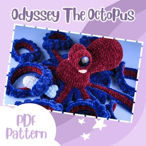 Può includere: Un giocattolo polpo all'uncinetto nei toni del bordeaux e del blu. Il polpo ha grandi occhi espressivi e molteplici tentacoli. L'immagine include il testo "Odyssey The Octopus" e "PDF Pattern".