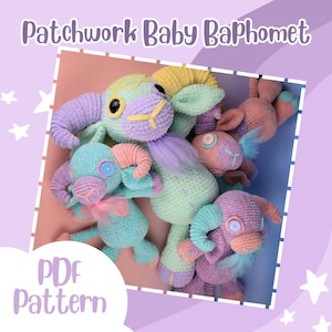 May include: A PDF pattern for crocheting a patchwork baby Baphomet. The pattern includes four different colored crocheted Baphomet figures, each with horns, a beard, and a pentagram on its forehead.