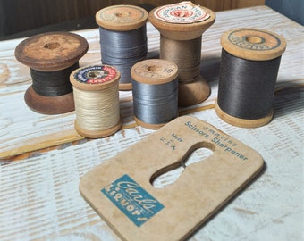 Vintage Spools, Wooden, Threads, Scissor Sharpener, Lot of 8