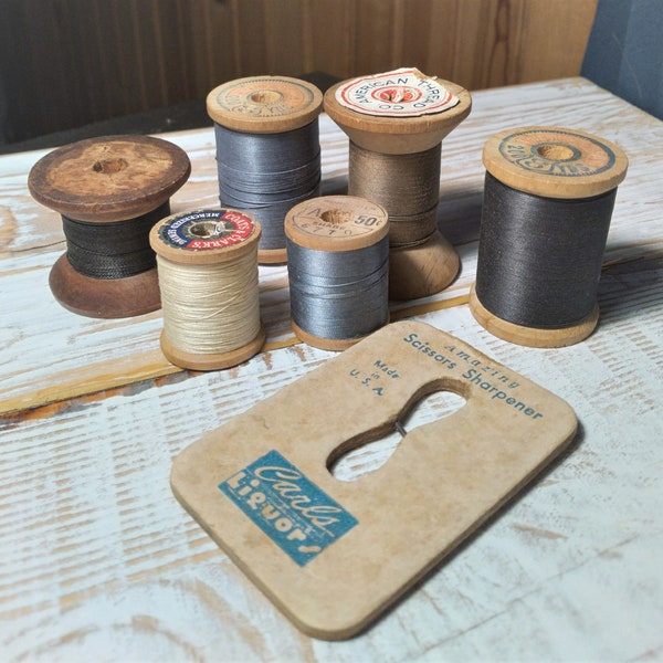 Vintage Spools, Wooden, Threads, Scissor Sharpener, Lot of 8