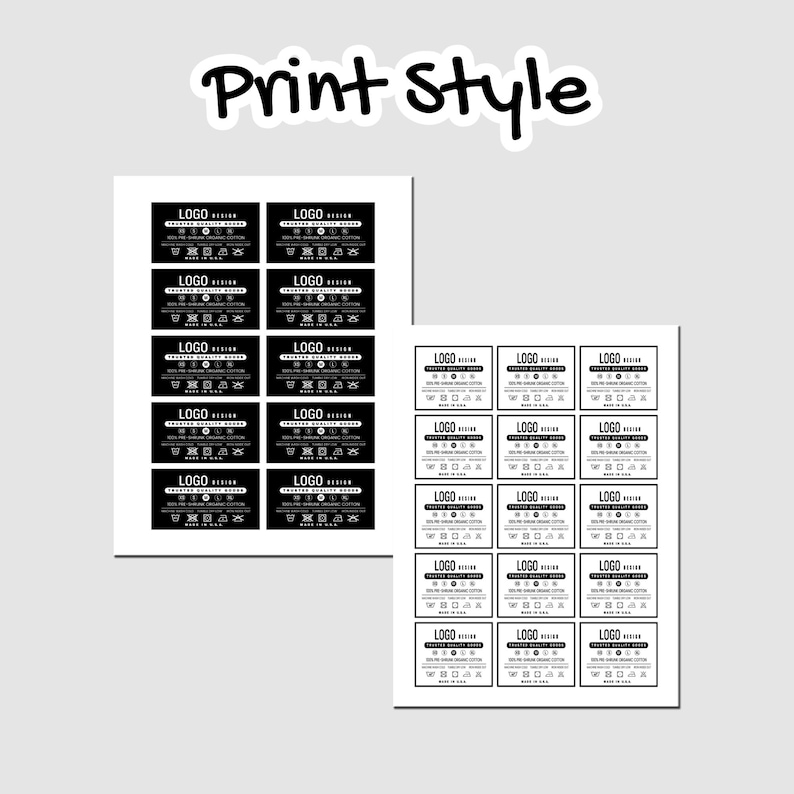 May include: A sheet of black and white clothing care labels with a logo and text that says "Superior Quality Design" and "Made in U.S.A."