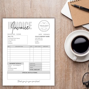 May include: A white invoice with black text, a logo, and a coffee cup on a wooden surface. The invoice includes fields for company information, billing details, and payment information. The text "Thank you for your purchase!" is at the bottom.