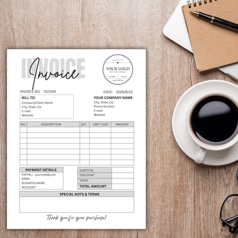 May include: A white invoice with black text, a logo, and a coffee cup on a wooden surface. The invoice includes fields for company information, billing details, and payment information. The text "Thank you for your purchase!" is at the bottom.