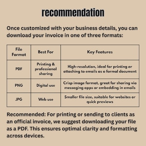 May include: A tan graphic with the word "recommendation" in dark teal. The image details invoice file formats: PDF, PNG, and JPG, with descriptions for printing, digital, and web use. Text recommends PDF for official invoices.