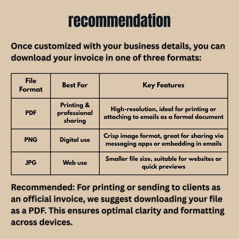 May include: A tan graphic with the word "recommendation" in dark teal. The image details invoice file formats: PDF, PNG, and JPG, with descriptions for printing, digital, and web use. Text recommends PDF for official invoices.