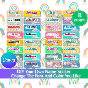 May include: A collection of rectangular name stickers with the name "Juliana" in various fonts and colors. The stickers are arranged in rows and columns, with a green circle indicating "32 Designs". The image also includes the text "DIY Your Own Name Sticker".
