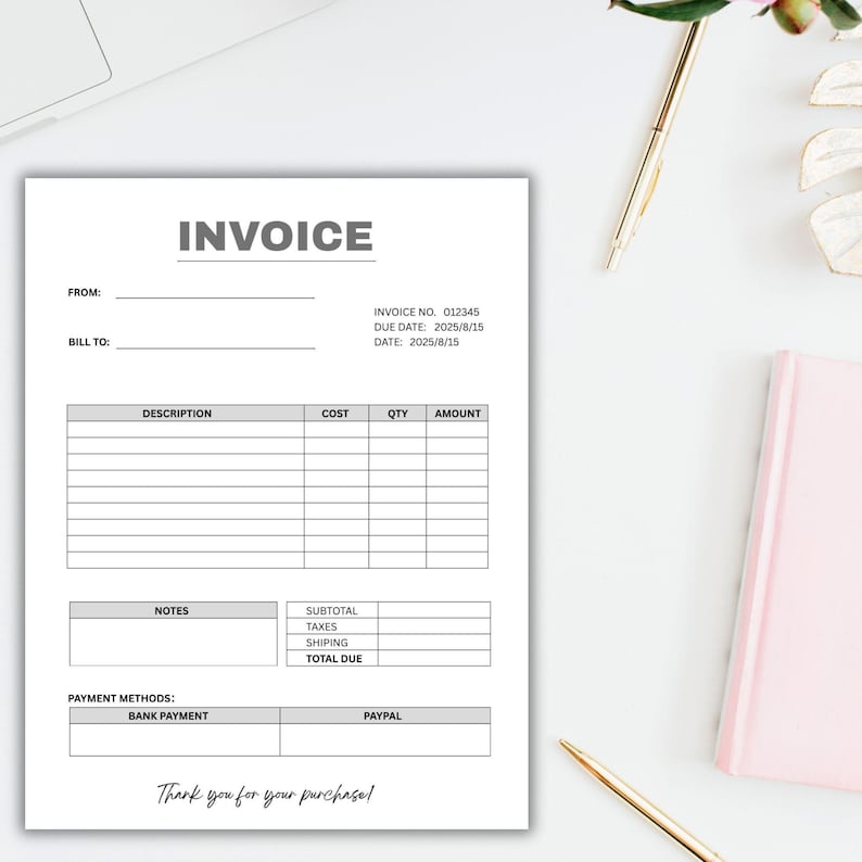 May include: A white invoice with the word "INVOICE" at the top. The invoice includes fields for "FROM:" and "BILL TO:" information, along with sections for description, cost, quantity, and amount. The text "Thank you for your purchase!" is at the bottom.