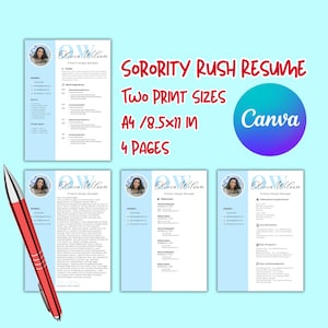 Sorority Rush Resume Template Blue | Editable Canva Design with Photo | Digital Download for Sorority Recruitment | Cute Resume Kit