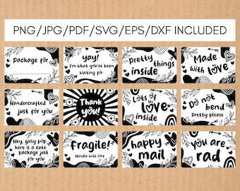 May include: Black and white sticker set with various phrases like "Package for," "Yay!," and "Pretty things inside." Each sticker has decorative floral and heart accents. The set includes digital file formats.