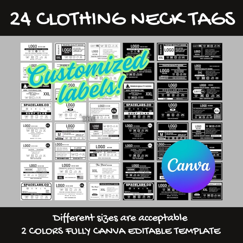 May include: A set of 24 black and white clothing neck tags with different sizes and designs. The tags are customizable and can be edited in Canva. The text on the tags includes "LOGO", "SPACELABS.CO", "SURF CLAB", and "TRUSTED QUALITY GOODS".