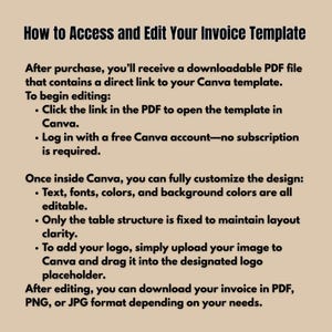 May include: A beige graphic with black text that reads "How to Access and Edit Your Invoice Template." Instructions follow on how to use a Canva template, including customizing text, fonts, and colors. The invoice can be downloaded in PDF, PNG, or JPG format.