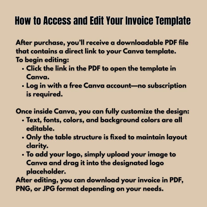 May include: A beige graphic with black text that reads "How to Access and Edit Your Invoice Template." Instructions follow on how to use a Canva template, including customizing text, fonts, and colors. The invoice can be downloaded in PDF, PNG, or JPG format.