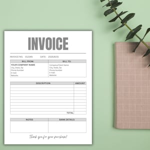 May include: A white invoice template with the word "INVOICE" in large gray letters at the top. The document includes fields for invoice number, date, and sections for billing information, descriptions, amounts, and notes. The phrase "Thank you for your purchase!" is at the bottom.