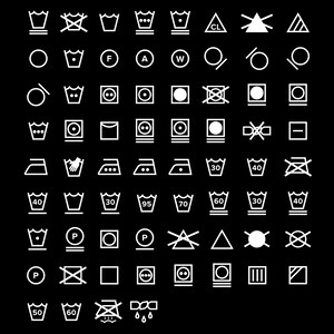 May include: A black and white graphic with a variety of laundry care symbols. The symbols include instructions for washing, drying, ironing, and bleaching.