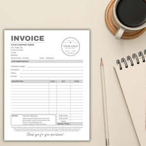 May include: A black and white invoice template with the word "INVOICE" at the top. The document includes fields for company details, customer information, and a table for item descriptions, costs, and totals. A logo is in the upper right corner.