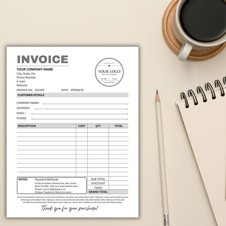 May include: A black and white invoice template with the word "INVOICE" at the top. The document includes fields for company details, customer information, and a table for item descriptions, costs, and totals. A logo is in the upper right corner.