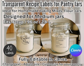40 Transparent Recipe Labels • Fits 12‑Cup Pantry Jars • 3x4 Printable Back Labels • Cooking + Refill + Add‑In • Clear Sticker PNG