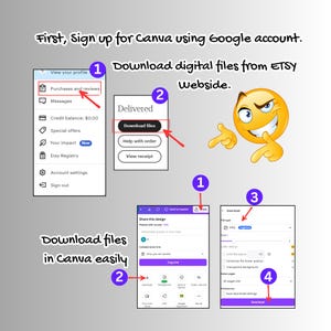 May include: A step-by-step guide on how to download digital files from Etsy and use them in Canva. The guide shows how to download files from Etsy, then how to open the files in Canva and edit them. The guide also includes a smiling emoji.
