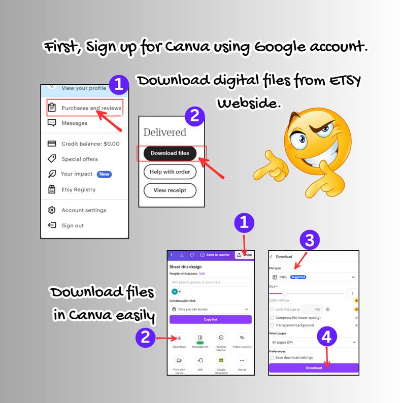 May include: A step-by-step guide on how to download digital files from Etsy and use them in Canva. The guide shows how to download files from Etsy, then how to open the files in Canva and edit them. The guide also includes a smiling emoji.