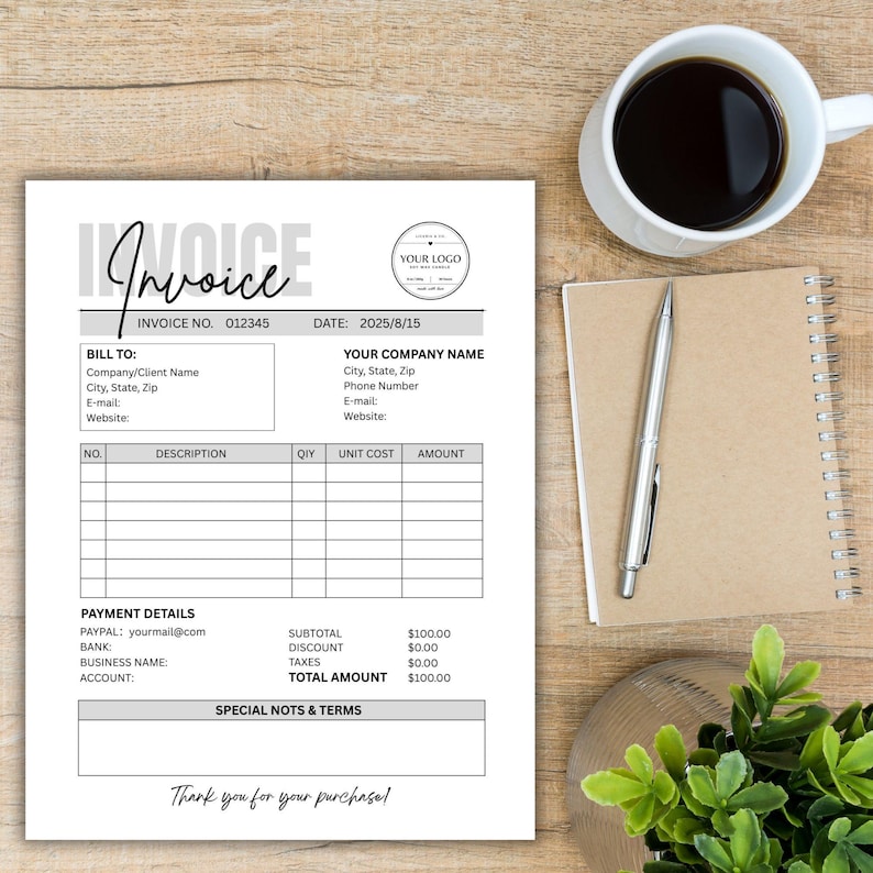May include: A white invoice with the word "Invoice" in a stylized font at the top. The invoice includes fields for company information, item descriptions, and payment details. A cup of coffee, a notebook, and a pen are next to the invoice.