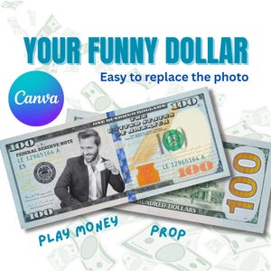 Plantilla de billete de 100 dólares, dinero personalizable en Canva, diseño editable, accesorio imprimible para cumpleaños y eventos.