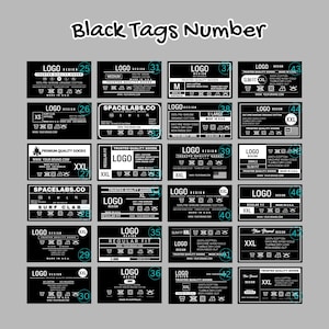 May include: A set of 22 black and white clothing tags with different sizes, logos, and care instructions. The tags are numbered from 25 to 47.