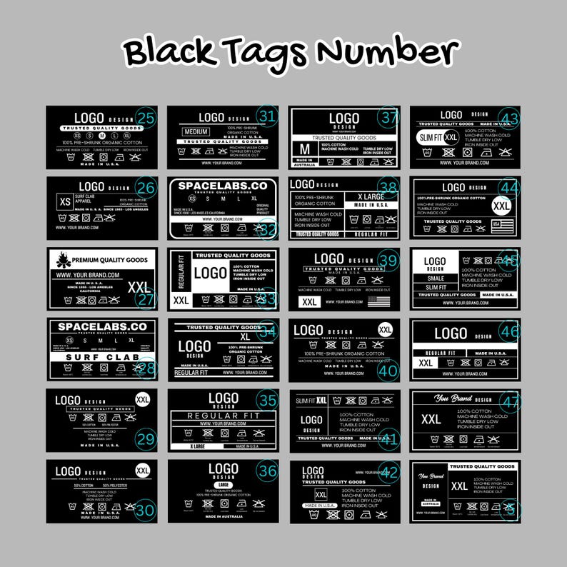 May include: A set of 22 black and white clothing tags with different sizes, logos, and care instructions. The tags are numbered from 25 to 47.
