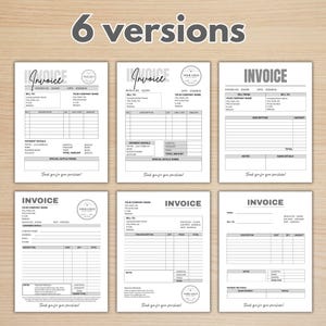 May include: Six versions of invoice templates are displayed, each with a clean, minimalist design. The templates feature sections for company details, billing information, item descriptions, and payment details. The text "Invoice" is prominently displayed at the top of each template.