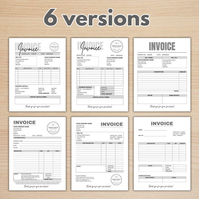 May include: Six versions of invoice templates are displayed, each with a clean, minimalist design. The templates feature sections for company details, billing information, item descriptions, and payment details. The text "Invoice" is prominently displayed at the top of each template.