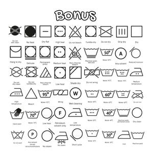 May include: A black and white infographic with a set of laundry care symbols. The symbols include instructions for washing, drying, ironing, and bleaching. The symbols are arranged in a grid pattern and are labeled with text descriptions.
