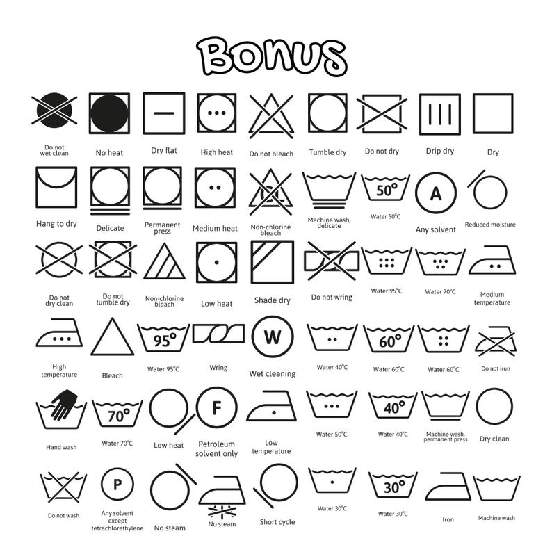 May include: A black and white infographic with a set of laundry care symbols. The symbols include instructions for washing, drying, ironing, and bleaching. The symbols are arranged in a grid pattern and are labeled with text descriptions.