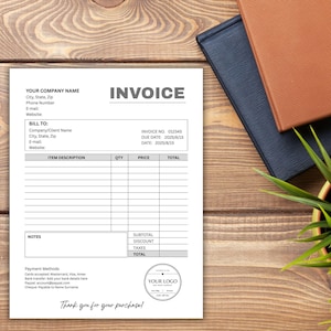 May include: A white invoice with the word "INVOICE" in gray at the top. The invoice includes fields for company information, client details, item descriptions, and payment methods. The bottom of the invoice reads "Thank you for your purchase!"
