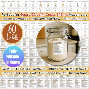 Etiquetas para despensa con recetas: etiquetas imprimibles para tarros Mason, descarga digital para organizar y almacenar en la cocina.