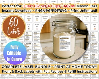 Pantry Labels with Recipe - Printable Mason Jar Labels, Digital Download for Kitchen Organization & Storage
