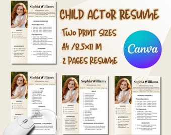 Può includere: Un modello di curriculum per attori bambini con un primo piano di una ragazza dai capelli rossi. Il curriculum include sezioni per esperienza, competenze e istruzione. Il testo recita "Child Actor Resume" e "Two Print Sizes A4/8.5x11 in 2 Pages Resume".