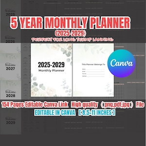 Five Year Monthly Planner, 2025-2029 Digital Calendar, Custom Name Journal, Monthly & Weekly Organizer for All Needs, daily planner